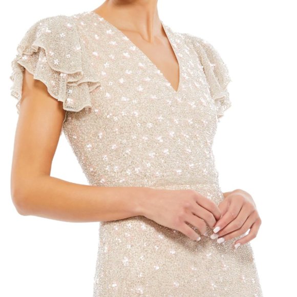MAC DUGGAL BEADED 10810 RUFFLE SLEEVE OYSTER COCKTAIL MIDI DRESS sz 4 - Picture 2 of 4